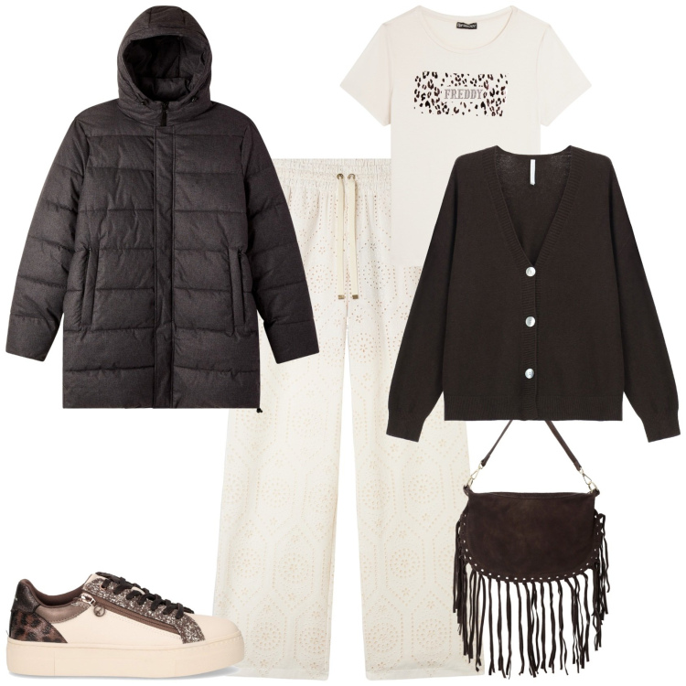 Outfit donna - Total look #2264192. Stile Sporty chic per Tutti i giorni. Abbinamento con bomber, cardigans, t-shirt, pantaloni, borse a tracolla, sneakers.