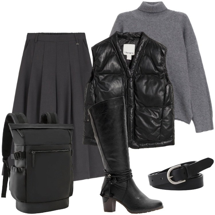 Outfit donna - Total look #2264195. Stile Minimal per Scuola/Università. Abbinamento con zaini, piumini, stivali, maglieria, cinture, pantaloni a palazzo.