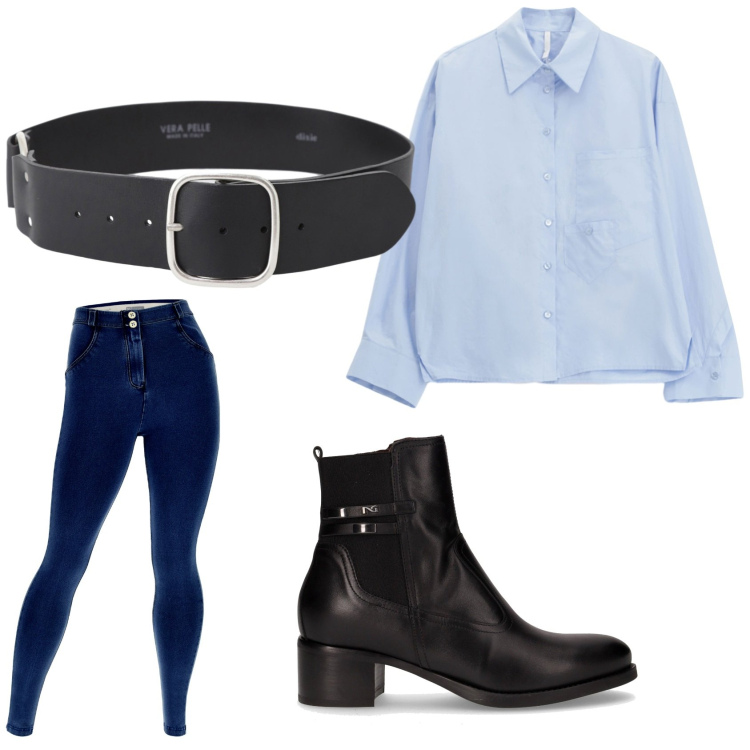 Outfit donna - Trendy e basic con jeans e camicia. Stile Basic per Tutti i giorni. Abbinamento con cinture, camicie, jeggings, stivaletti.