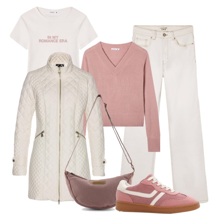 Outfit donna - Tempo libero a strati. Stile Casual per Tutti i giorni. Abbinamento con blazer, sneakers, jeans bootcut, maglieria, t-shirt, borse a tracolla.