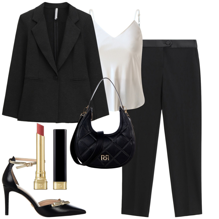 Outfit donna - Ottobre. Stile Chic per Tutti i giorni. Abbinamento con rossetti, top, borse a tracolla, décolleté, pantaloni, blazer.