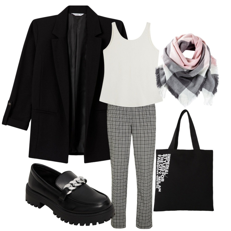 Outfit donna - Black & white. Stile Casual chic per Scuola/Università. Abbinamento con pantaloni, foulard, mocassini, blazer, shopping bag, top.