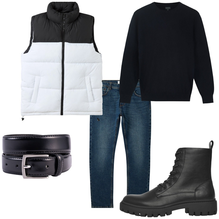 Outfit uomo - Total look #2264210. Stile Trendy per Tutti i giorni. Abbinamento con jeans, piumini, anfibi, cinture, maglieria.