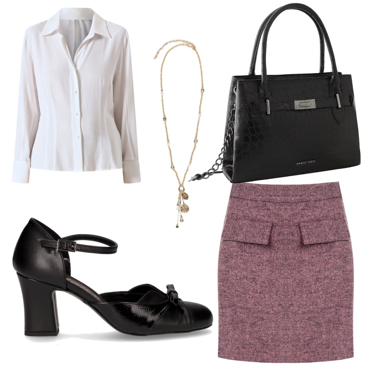 Outfit donna - La gonna modello chanel. Stile Bon Ton per Ufficio. Abbinamento con borse a mano, camicie, minigonne, ciondoli, décolleté.