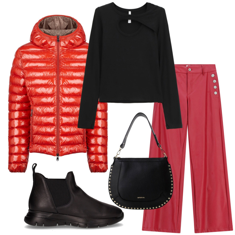 Outfit donna - Colori vivaci autunnali. Stile Casual chic per Tutti i giorni. Abbinamento con pantaloni a palazzo, borse a spalla, maglieria, blazer, stivaletti chelsea.