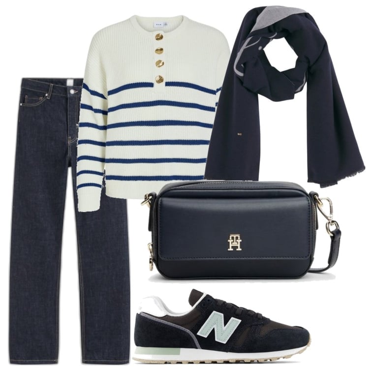 Outfit mujer - Basic look. Estilo Casual para Todos los días. Combinación con sneakers, bufandas, prendas de punto, vaqueros rectos, bandoleras.