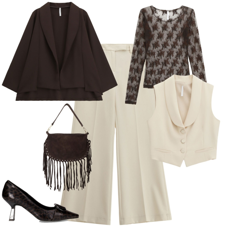 Outfit donna - Evento cerimonia serata. Stile Chic per Serata fuori. Abbinamento con maglieria, pantaloni, blazer, gilet, borse a tracolla, décolleté.