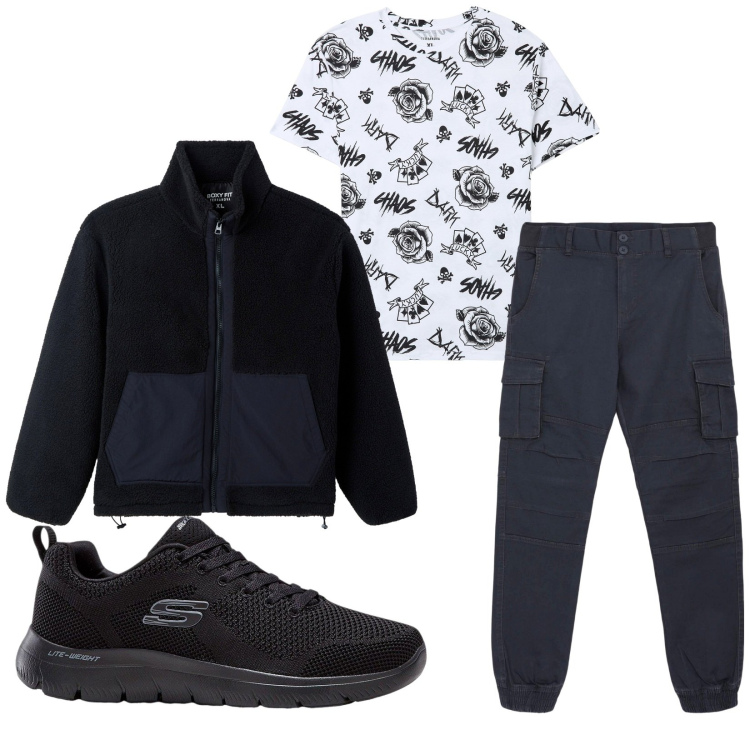 Outfit uomo - Total look #2264222. Stile Casual per Tutti i giorni. Abbinamento con sneakers, giacche, t-shirt, pantaloni cargo.