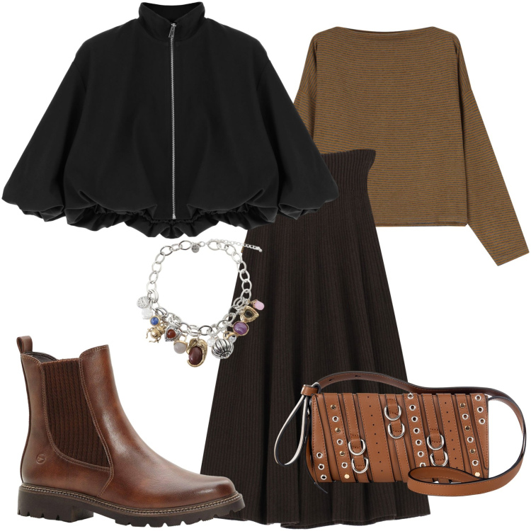 Outfit donna - Ottobre. Stile Casual chic per Tutti i giorni. Abbinamento con stivaletti chelsea, borse a spalla, bomber, gonne lunghe, maglieria, braccialetti con ciondoli.