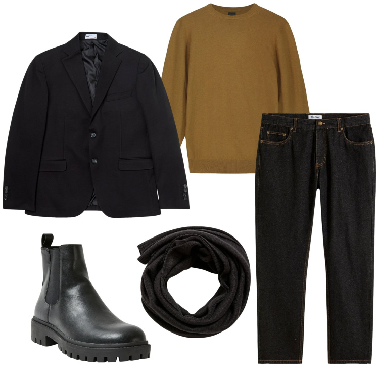 Outfit uomo - Total look #2264224. Stile Trendy per Tutti i giorni. Abbinamento con jeans dritti, stivali e stivaletti, sciarpe, giacche, maglieria.