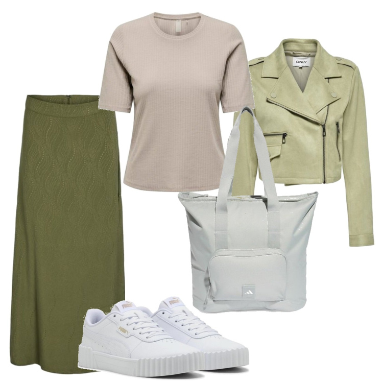 Outfit mujer - Casual look. Estilo Casual para Todos los días. Combinación con falda longuette, sneakers, camiseta, bolso tote, blazers.