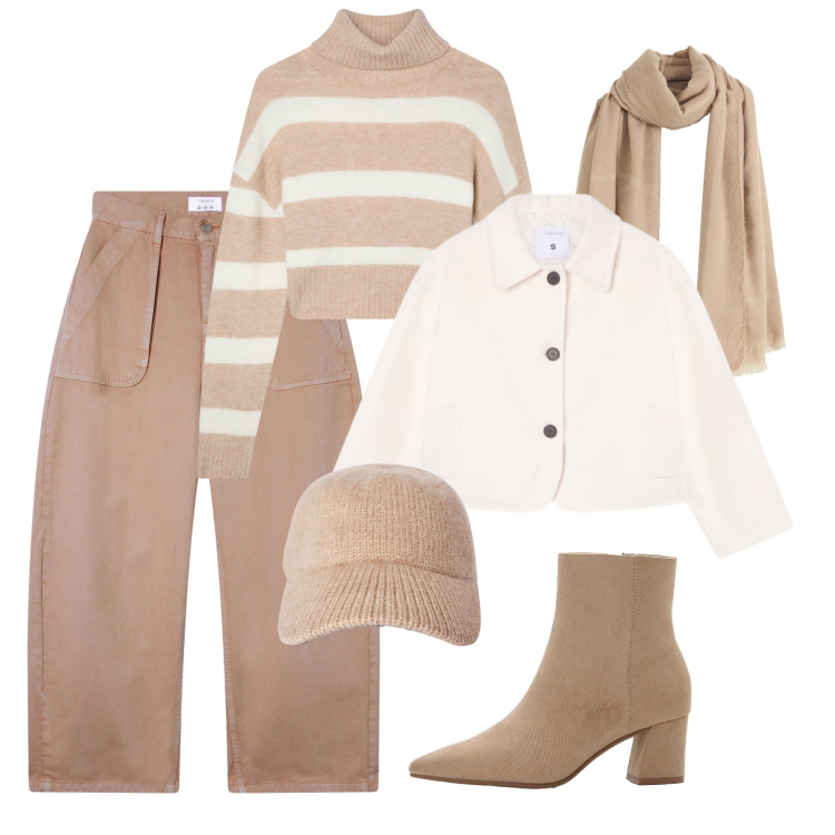 Outfit donna - Autunno toni neutri. Stile Trendy per Tutti i giorni. Abbinamento con sciarpe, stivaletti, cappelli con visiera, maglieria, blazer, pantaloni.