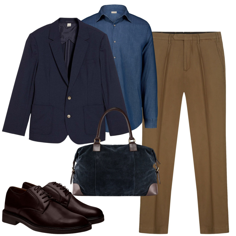 Outfit uomo - City. Stile Urban per Tutti i giorni. Abbinamento con giacche, scarpe stringate, camicie, borse sportive, pantaloni.