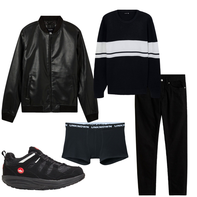 Outfit uomo - Total look #2264231. Stile Casual per Tutti i giorni. Abbinamento con jeans slim fit, sneakers, bomber, maglieria, boxer.