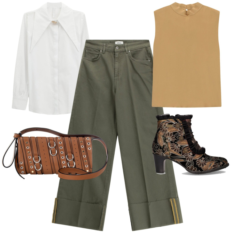 Outfit donna - City. Stile Trendy per Tutti i giorni. Abbinamento con borse a spalla, camicie, top, pantaloni a palazzo, stivaletti.