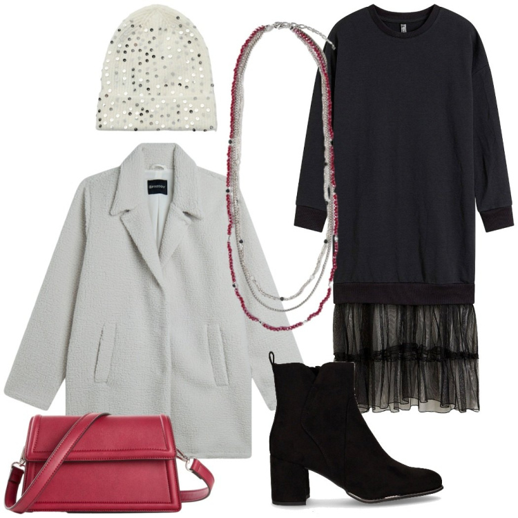 Outfit donna - Cena da amici. Stile Casual chic per Serata fuori. Abbinamento con borse a tracolla, vestiti midi/longuette, berretti, cappotti, stivaletti, collane.