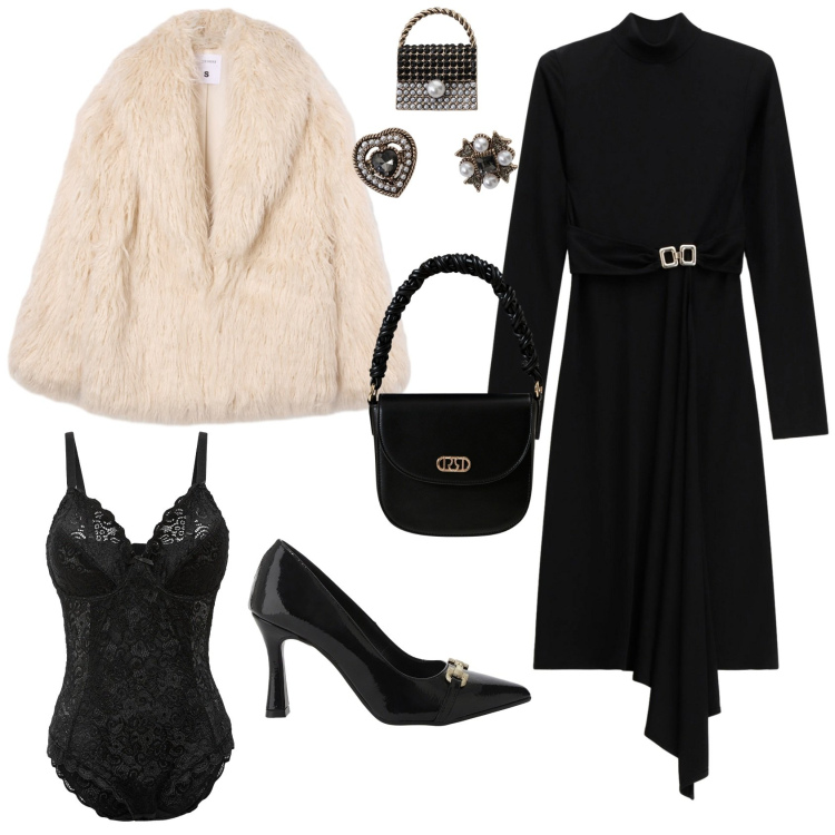 Outfit donna - Total look #2264239. Stile Bon Ton per Serata fuori. Abbinamento con body, ecopellicce, borse a mano, vestiti midi/longuette, décolleté, accessori per capelli.