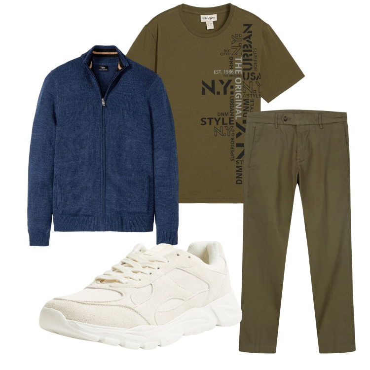 Outfit uomo - Total look #2264244. Stile Casual per Tutti i giorni. Abbinamento con cardigans, t-shirt, sneakers, pantaloni chino.
