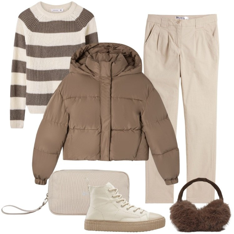 Outfit donna - Total look #2264245. Stile Basic per Tutti i giorni. Abbinamento con pantaloni chino, sneakers alte, maglieria, bomber, cappelli, valigie.