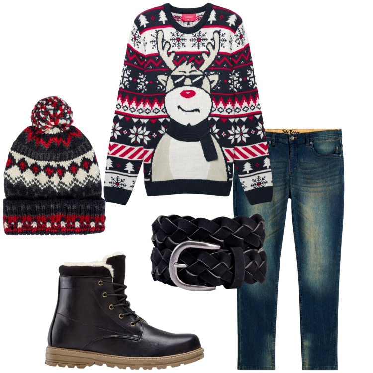 Outfit uomo - Total look #2264247. Stile Trendy per Serata speciale. Abbinamento con jeans slim fit, stivali e stivaletti, maglieria, berretti, cinture.