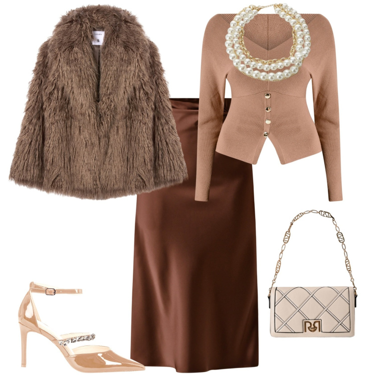 Outfit donna - Total look #2264248. Stile Chic per Serata fuori. Abbinamento con ecopellicce, collane, borse a tracolla, gonne longuette, maglieria, décolleté.