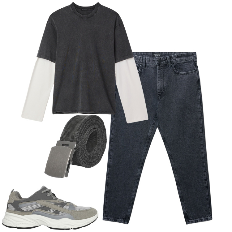 Outfit uomo - Total look #2264249. Stile Casual per Tutti i giorni. Abbinamento con sneakers, cinture, jeans strappati, t-shirt.