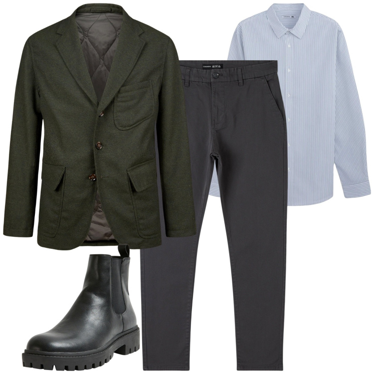 Outfit uomo - Total look #2264251. Stile Urban per Tutti i giorni. Abbinamento con pantaloni chino, stivali e stivaletti, camicie, giacche.