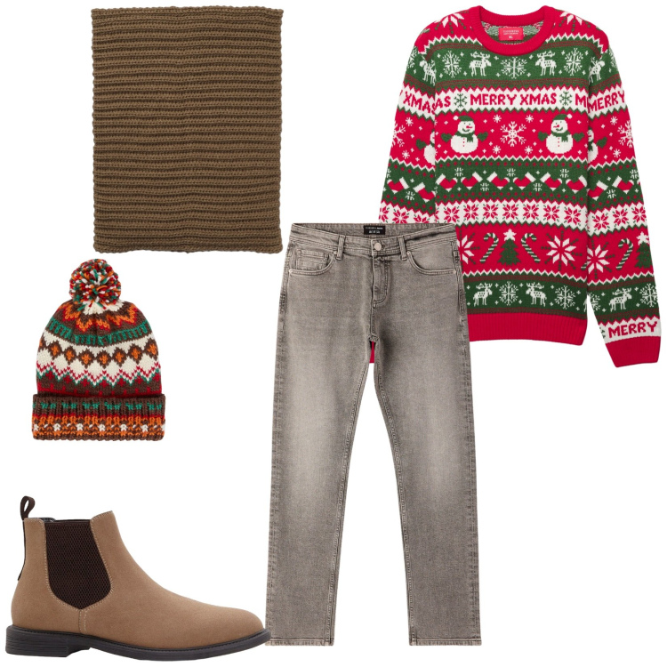 Outfit uomo - Total look #2264253. Stile Trendy per Serata speciale. Abbinamento con stivali e stivaletti, jeans, scaldacollo, maglieria, berretti.