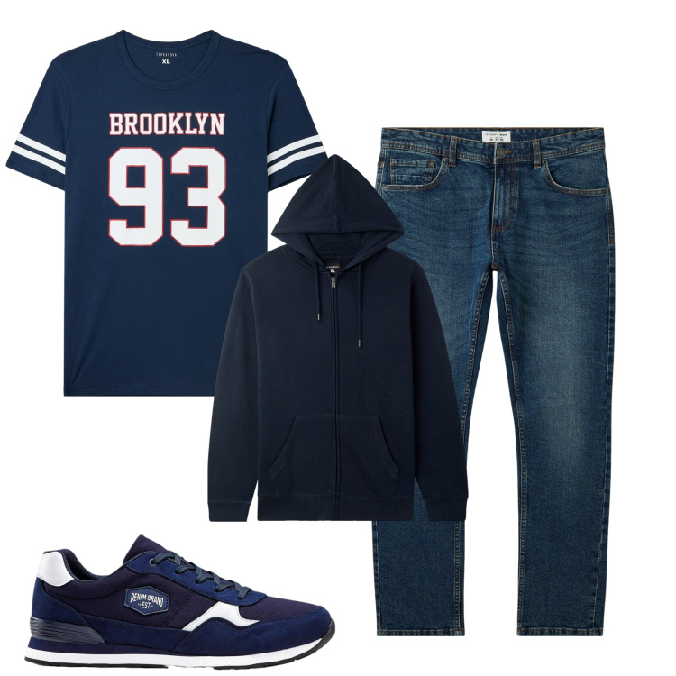 Outfit uomo - Total look #2264256. Stile Casual per Tutti i giorni. Abbinamento con sneakers, t-shirt, jeans, felpe con cappuccio.