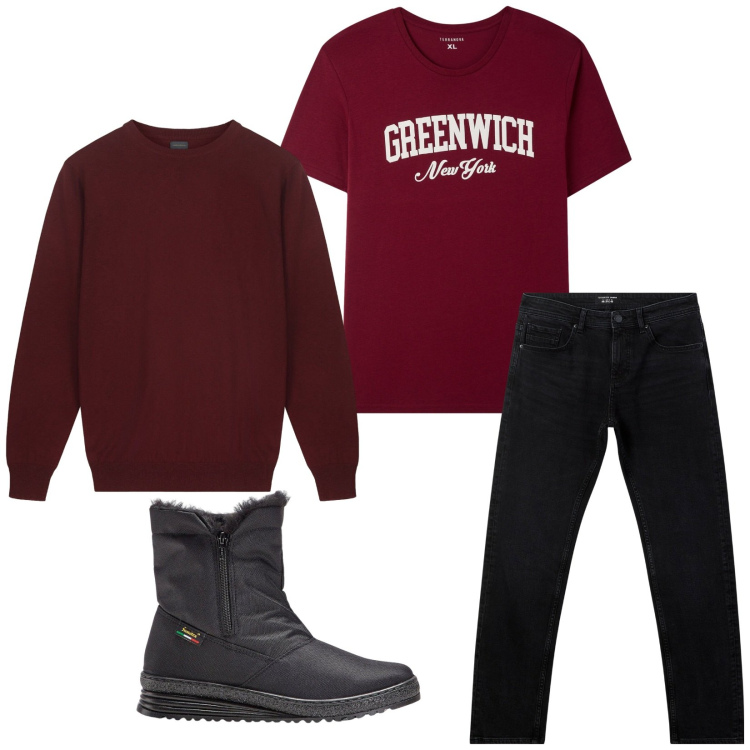 Outfit uomo - Total look #2264257. Stile Casual per Tutti i giorni. Abbinamento con stivali e stivaletti, jeans, t-shirt, maglieria.