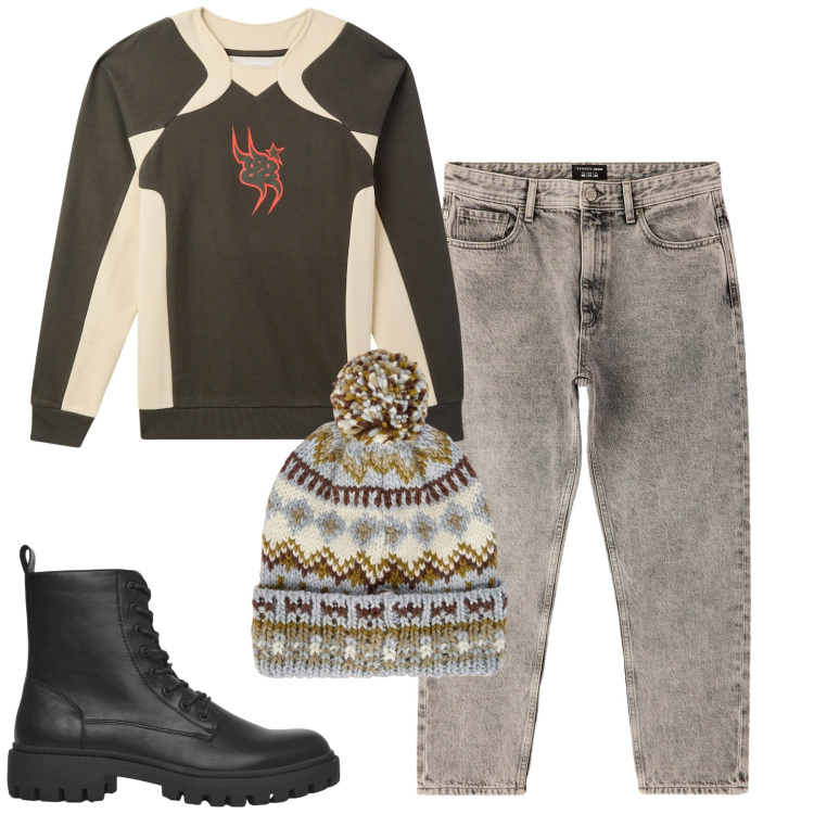Outfit uomo - Total look #2264258. Stile Casual per Tutti i giorni. Abbinamento con felpe, anfibi, jeans dritti, berretti.