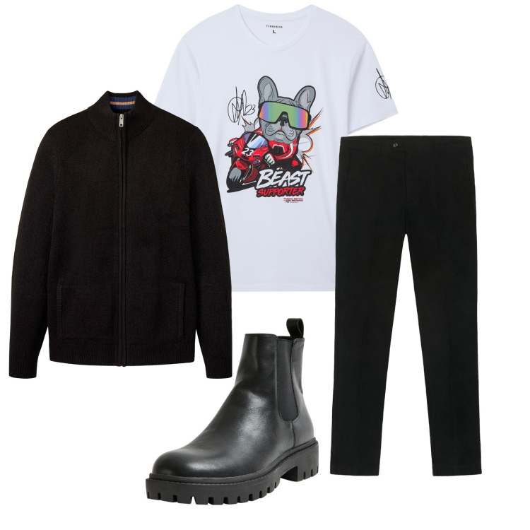 Outfit uomo - Total look #2264260. Stile Casual per Tutti i giorni. Abbinamento con cardigans, stivali e stivaletti, t-shirt, pantaloni chino.