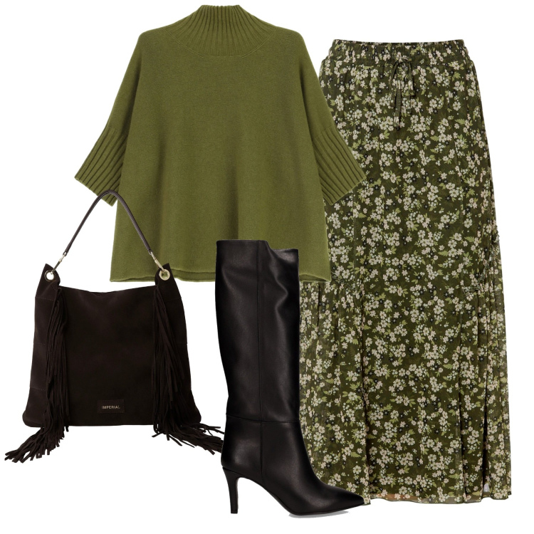 Outfit donna - City. Stile Casual chic per Tutti i giorni. Abbinamento con gonne, borse a spalla, maglieria, stivali.