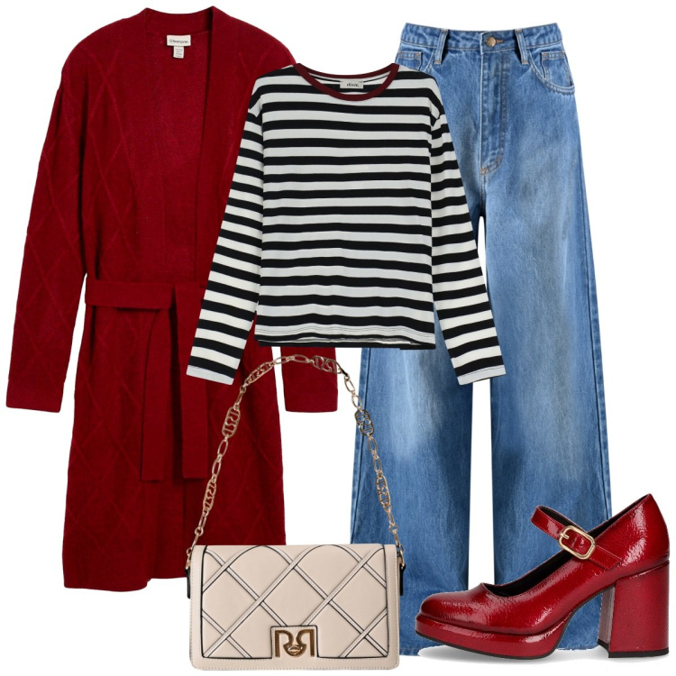 Outfit donna - Il cardigan rosso. Stile Basic per Tutti i giorni. Abbinamento con cardigans, t-shirt, borse a tracolla, jeans, décolleté.