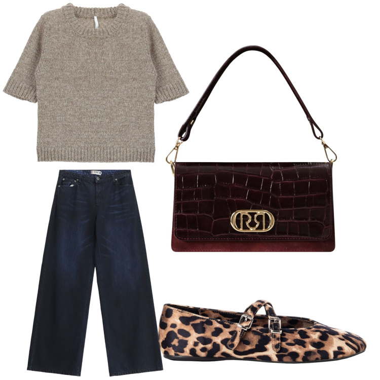 Outfit donna - Aperitivo. Stile Trendy per Tutti i giorni. Abbinamento con jeans, ballerine, borse a mano, maglieria.