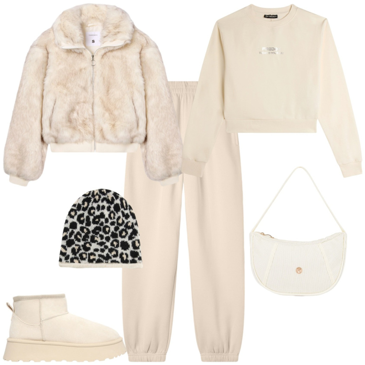 Outfit donna - Sporty chic per la montagna. Stile Sporty chic per Tutti i giorni. Abbinamento con berretti, pantaloni, ecopellicce, stivaletti, felpe, borse a mano.