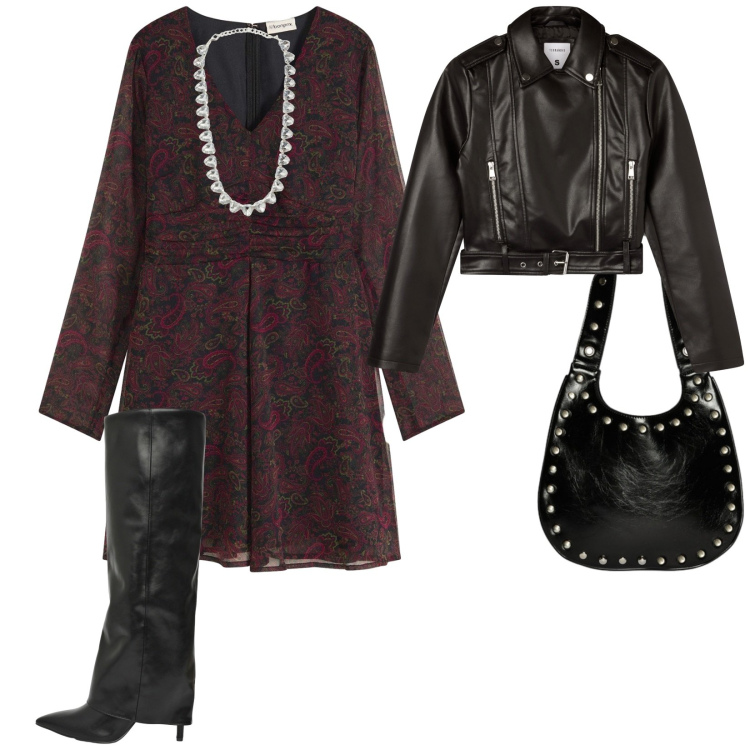 Outfit donna - Uscita free. per Serata fuori. Abbinamento con vestiti corti, collane, giacche, stivali, borse a spalla.