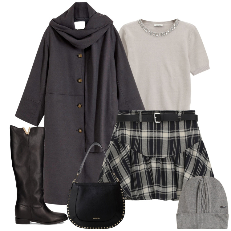 Outfit donna - Total look #2264275. Stile Casual chic per Tutti i giorni. Abbinamento con cappotti, minigonne, maglieria, borse a spalla, berretti, stivali.