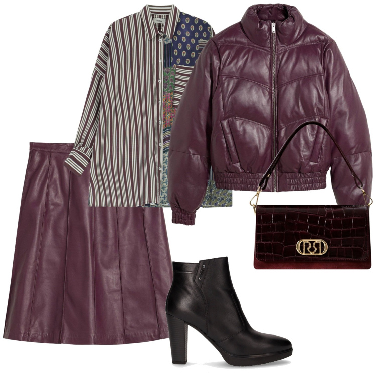 Outfit donna - Bordeaux. per Tutti i giorni. Abbinamento con giacche, gonne, camicie, borse a mano, stivaletti.