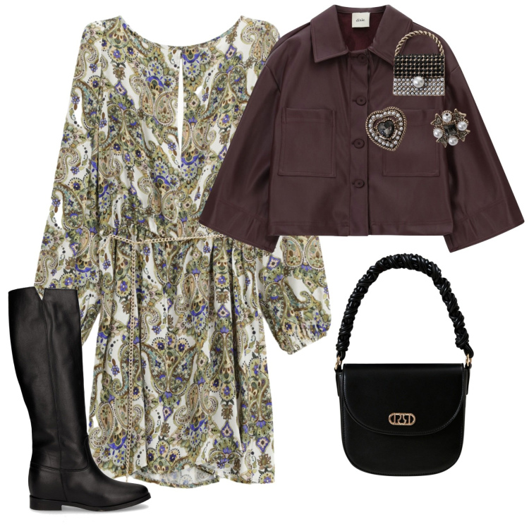 Outfit donna - Uscita di pomeriggio. per Ufficio. Abbinamento con vestiti corti, blazer, borse a mano, accessori per capelli, stivali.