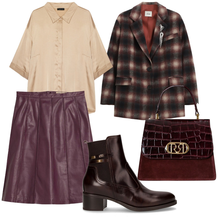 Outfit donna - Viaggio. per Tutti i giorni. Abbinamento con gonne, borse a mano, blazer, camicie, stivaletti.