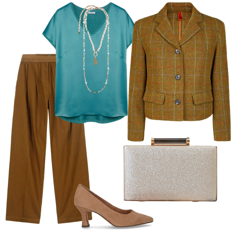 Outfit donna - Autunno. per Serata fuori. Abbinamento con clutch, pantaloni, bluse, blazer, collane, décolleté.