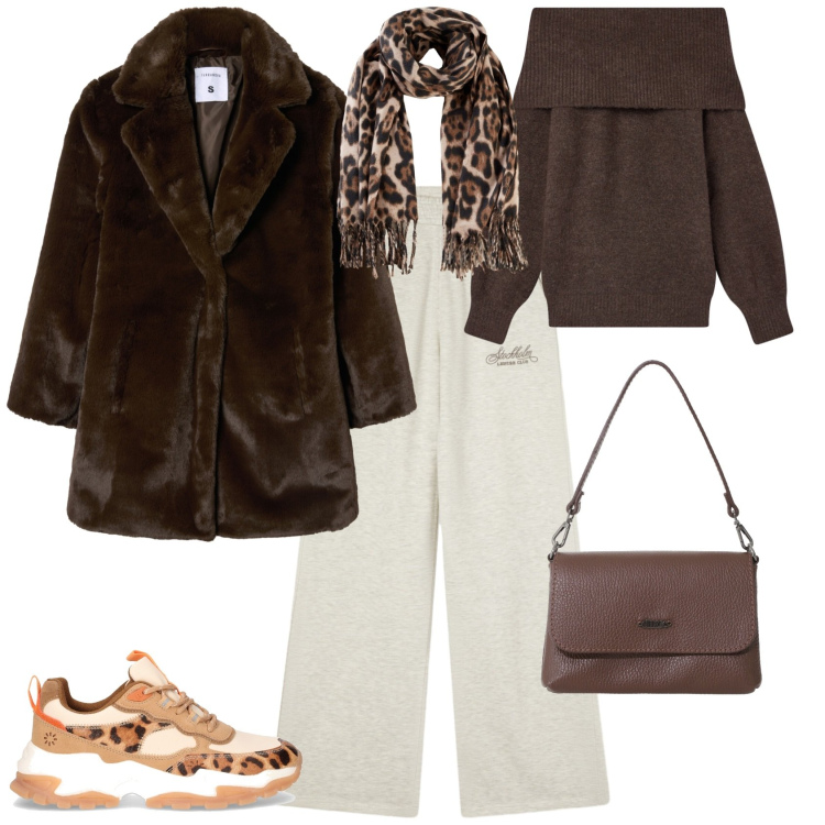 Outfit donna - Week end in montagna sporty chic. Stile Sporty chic per Tutti i giorni. Abbinamento con foulard, pantaloni, maglieria, cappotti, borse a tracolla, sneakers alte.