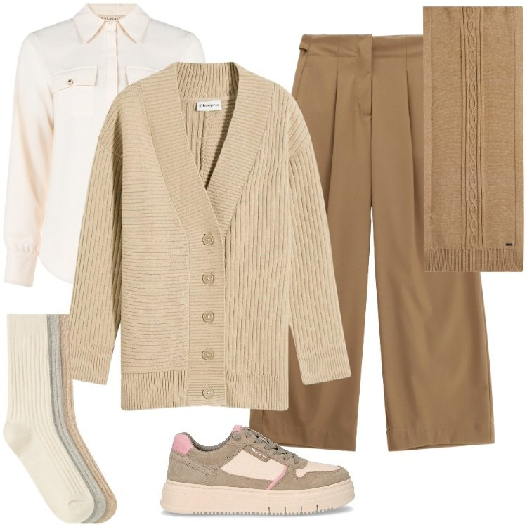 Outfit donna - Total look #2264282. Stile Mannish per Ufficio. Abbinamento con cardigans, calzini, camicie, pantaloni a palazzo, sciarpe, sneakers.