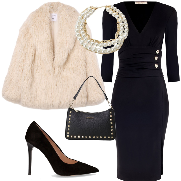 Outfit donna - Raffinata. Stile Glamour per Serata fuori. Abbinamento con ecopellicce, vestiti a tubino, pochette, collane, décolleté.