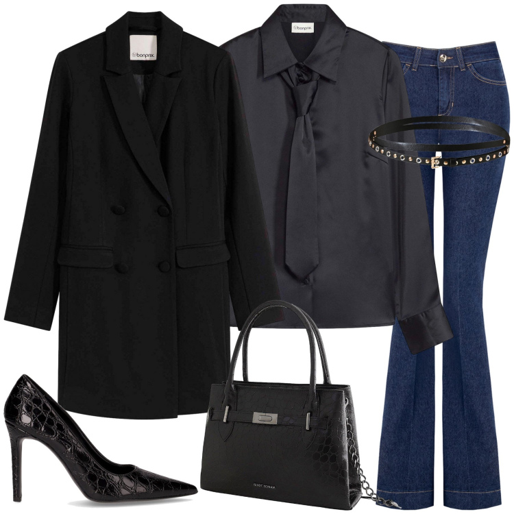 Outfit donna - Un mannish rivisitato. Stile Mannish per Ufficio. Abbinamento con blazer, camicie, borse a mano, cinture, jeans a zampa, décolleté.