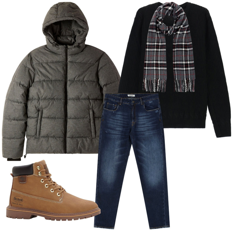 Outfit uomo - Total look #2264293. Stile Casual per Tutti i giorni. Abbinamento con stivali e stivaletti, bomber, jeans dritti, maglieria, sciarpe.