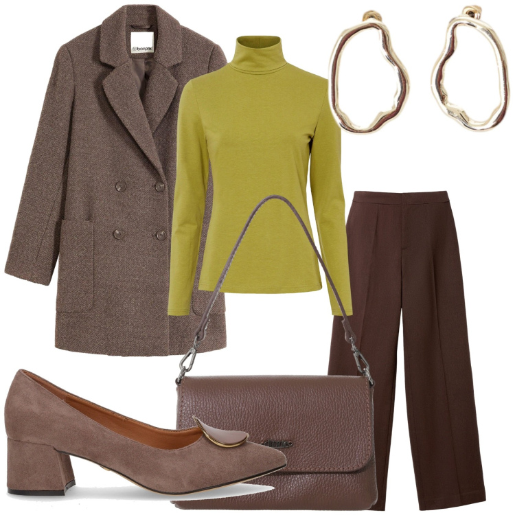 Outfit donna - Inizia il freddo. Stile Glamour per Tutti i giorni. Abbinamento con maglieria, cappotti, pantaloni, borse a tracolla, orecchini, décolleté.