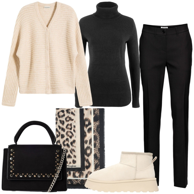 Outfit donna - Total look #2264299. Stile Casual per Ufficio. Abbinamento con pantaloni, maglieria, cardigans, borse a tracolla, stivaletti, foulard.