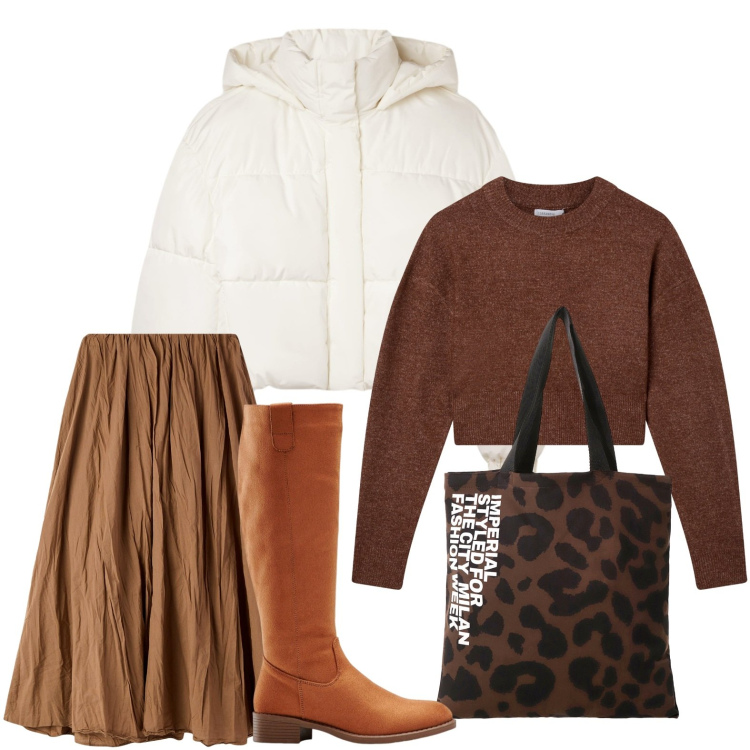 Outfit donna - In ufficio. Stile Casual per Ufficio. Abbinamento con stivali, gonne lunghe, maglieria, bomber, shopping bag.